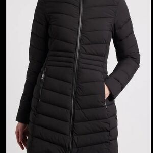 DKNY Women's Black Long Quilted Puffer Coat
